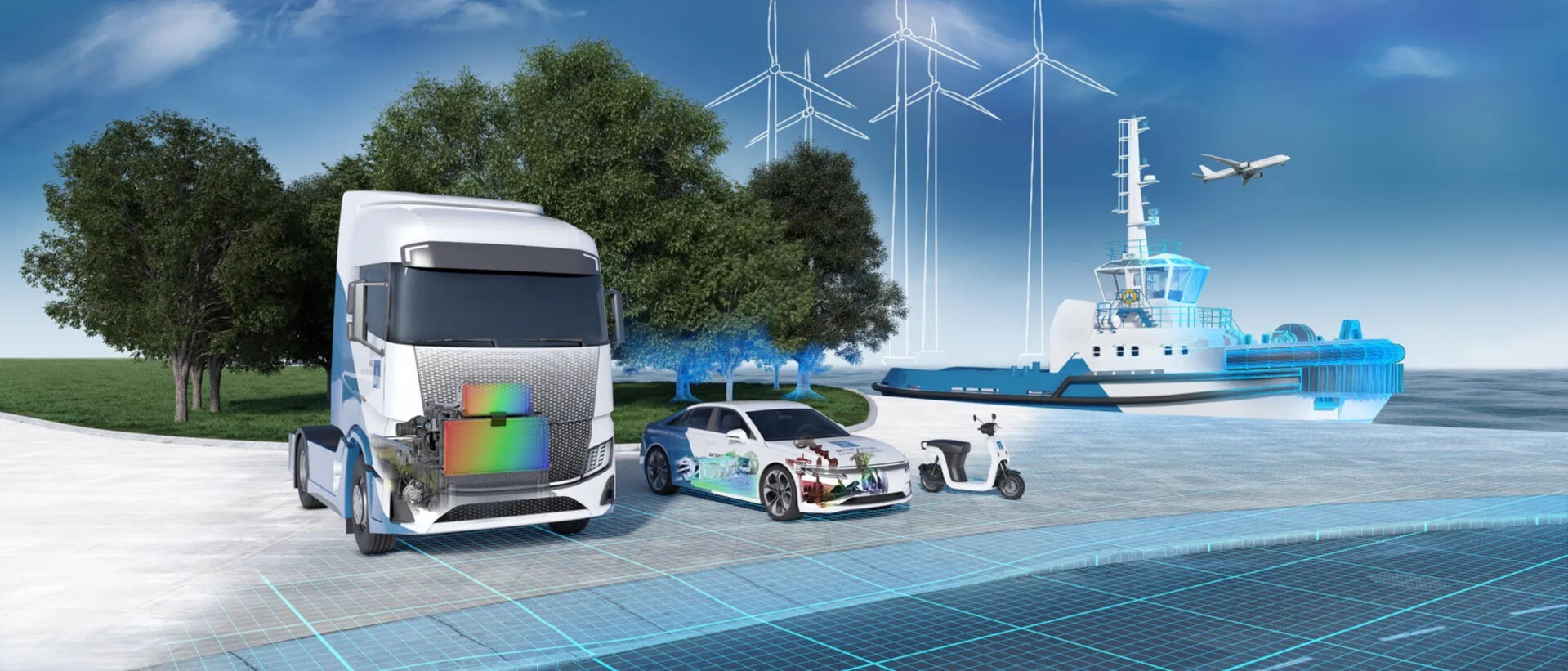 Main key visual created for AVL’s AST segment, developed in collaboration with corporate marketing, segment leadership, and executive stakeholders. The image presents a future-facing mobility ecosystem across battery electric, hydrogen, commercial, public